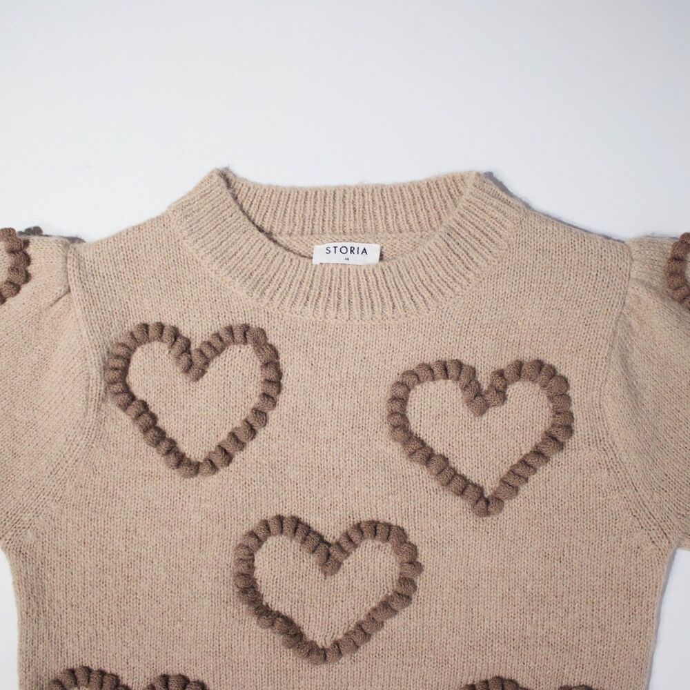 Storia Anthropologie Beige Wool Blend Short Sleeve Sweater Hearts Women Size M - Picture 5 of 10